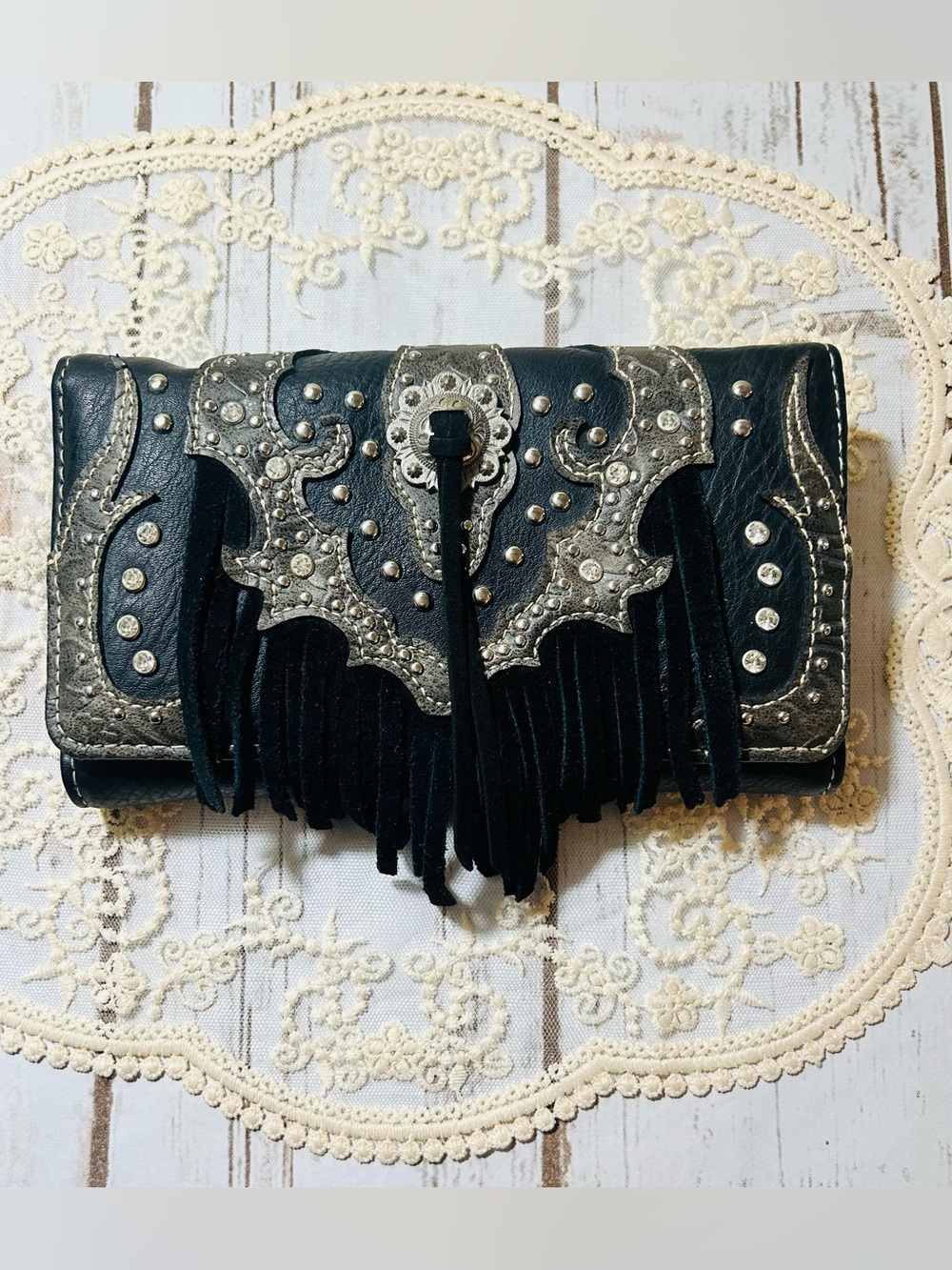 Black Leather Wallet Fringe Studded Trifold Wristlet Silver & Rhinestone Accents
